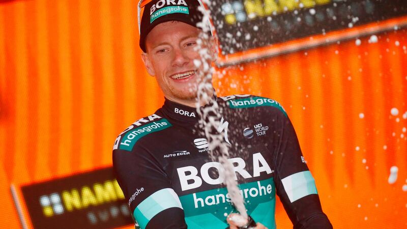Sam Bennett celebrates victory in Stage 12 of the Giro. Photograph: Luk Benies/AFP