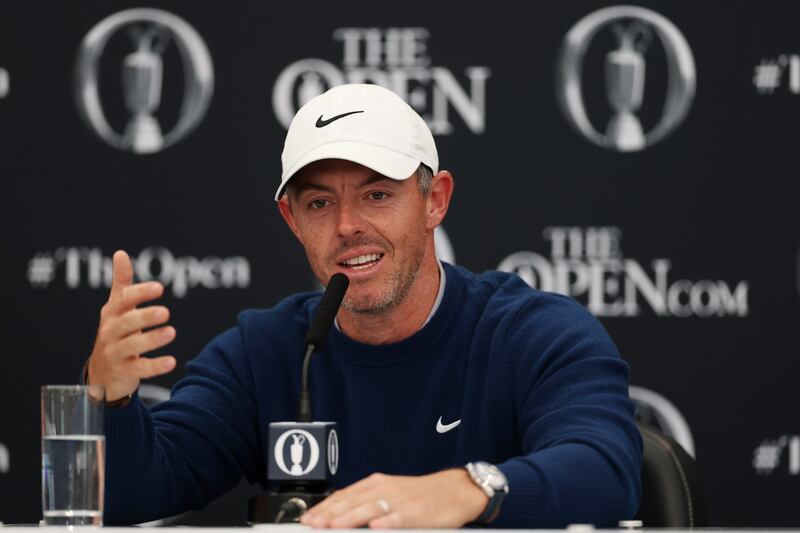 Rory McIlroy talks to the media during a press conference on Monday. Photograph: Richard Heathcote/Getty Images