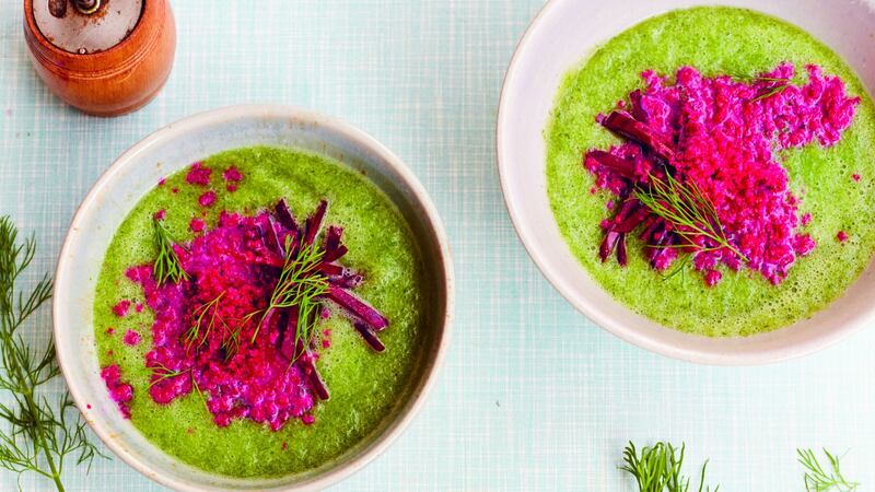 Chilled cucumber soup with beetroot yoghurt granita.
