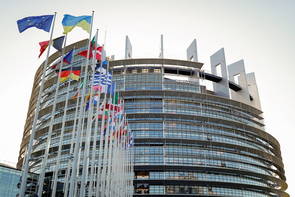 Flags in front of the European Parliament building in Strasbourg, France, 23 November 2022.
