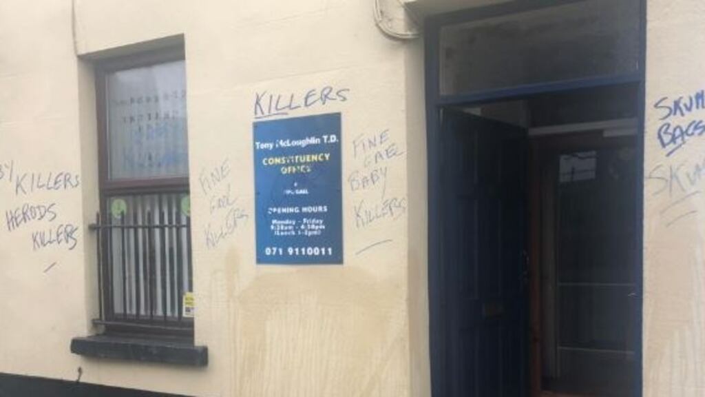 Fine Gael TD Tony McLoughlin’s office in Sligo town was defaced. Photograph: Twitter