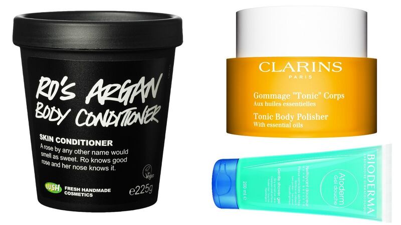 Lush Ro’s Argan Body Conditioner; Clarins Tonic Body Polisher; Bioderma Atoderm Gentle Shower Gel