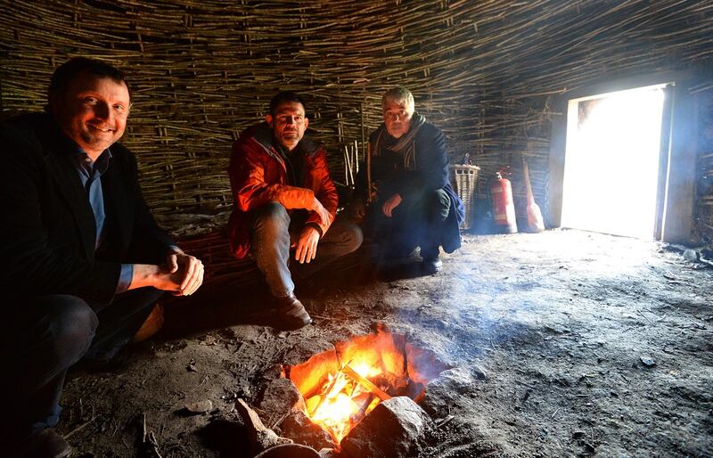Jason O'Brien (left), Bill Schindler and Aidan O'Sullivan at the Centre for Experimental Archaeology and Material Culture at UCD. Photograph: Dara Mac Dónaill
