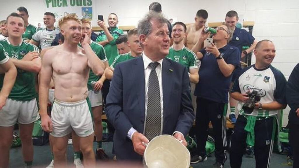 JP McManus in the Limerick All-Ireland final winning dressing room. Photograph: Twitter