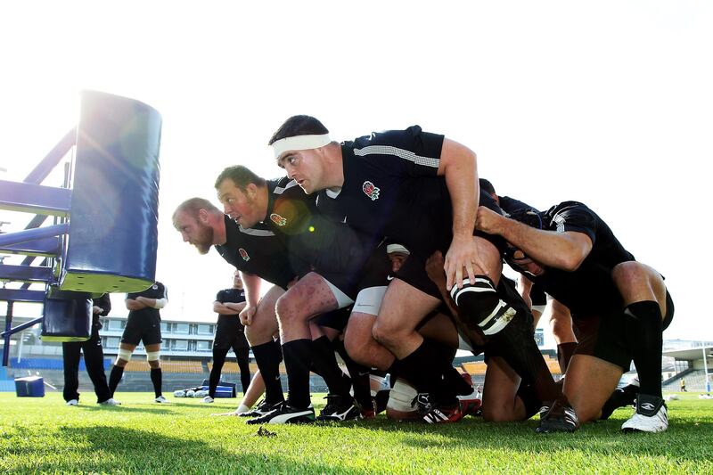 Steve Thompson practising scrumming with England teammates Dan Cole and Andrew Sheridan in 2011. Photograph: David Rogers/Getty