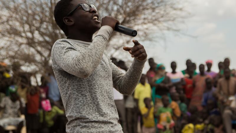 Singer STIB performs his song “Sorry”, an apology for the girlfriend he was forced to leave behind in Burundi, as part of the Kakuma’s Got Talent audition. Photograph: Ruairi Casey