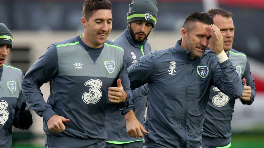 Republic of Ireland players  during training at  Abbotstown ahead of the first leg of the Euro 2016 play-off away to Bosnia on Friday. Photograph: Donall Farmer/Inpho