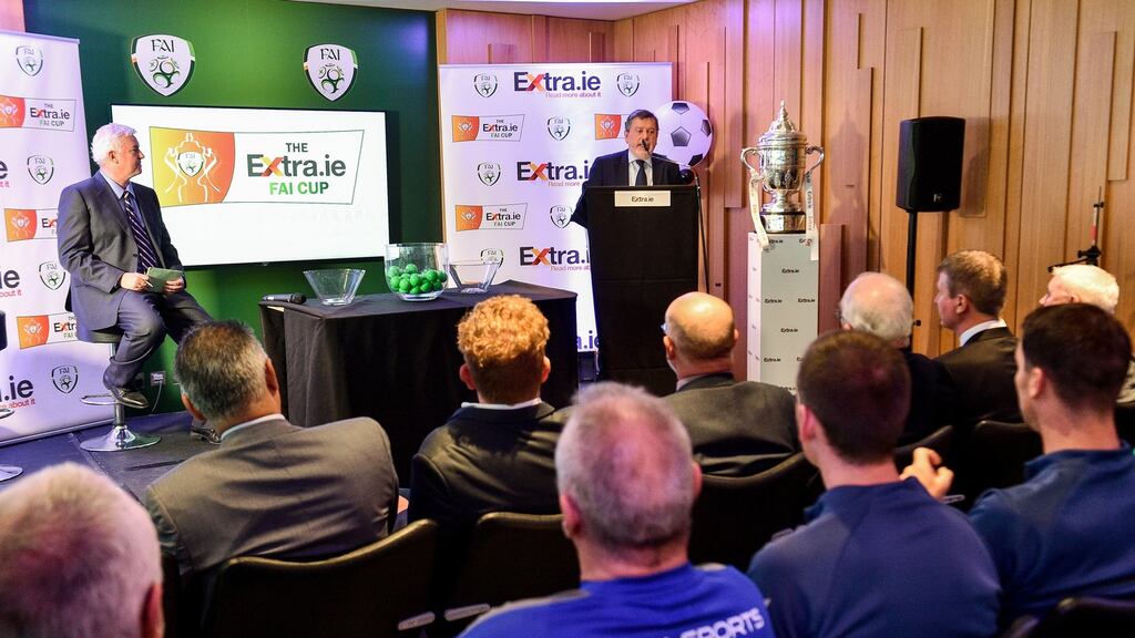 Donal Conway speaking during the Extra.ie FAI Cup first round draw at Aviva Stadium in Dublin. He has been nominated unopposed to retain his position as FAI president. Photo by Sam Barnes/Sportsfile