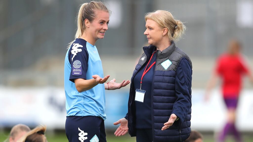 London City Lionesses manager Lisa Fallon speaks to Lily Agg after the FA Women’s Championship match against Sheffield United at Princess Park in September, 2020. Photograph: James Chance/Getty Images