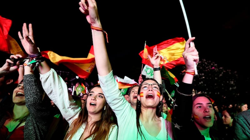 Supporters of the Spanish far-right Vox party follow the official results on election night in Madrid. Photograph: Oscar del Pozo