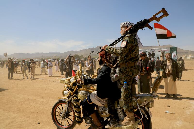 Armed supporters of Yemen's Huthi militants attend a rally in solidarity with Hamas in Sanaa on Monday. Photograph: Mohammed Huwais/AFP via Getty Images