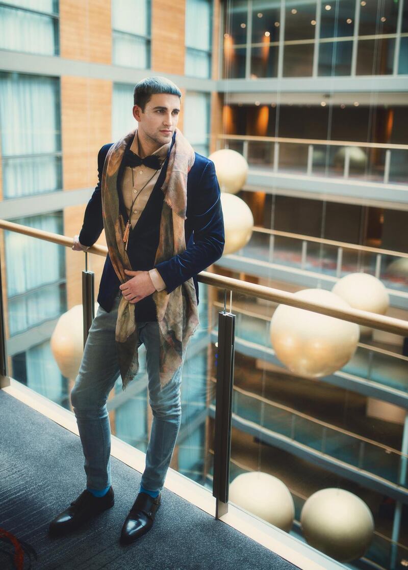 Velvet blazer, €120, shirt €44, feather brooch €18, socks €14, shoes €59 all from Topman. Jeans, €150, Salingeers, Cork scarf, €39.99 and pendant, €35, from Sheena’s Boutique, Cork