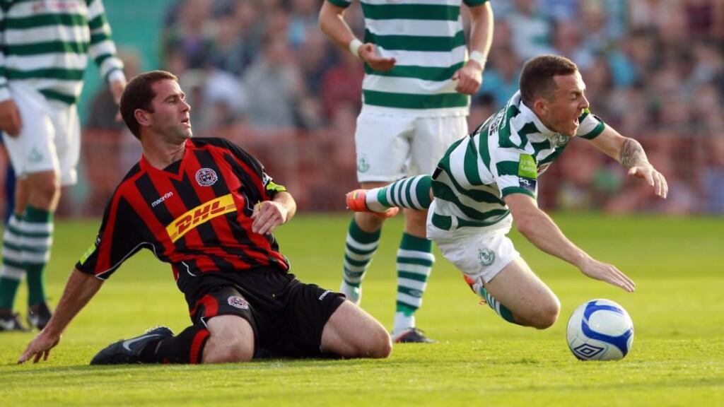 Dave Mulcahy, left, the matchwinner for Bohemians in their recent league win over Shamrock Rovers, is suspended for tonight’s league game against St Patrick’s Athletic at Richmond Park. Photograph: Donall Farmer/Inpho
