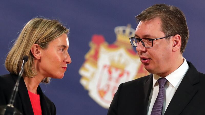 Serbian president Aleksandar Vucic (right) in conversation with EU foreign policy chief Federica Mogherini in Belgrade last year. Photograph: Koca Sulejmanovic/EPA