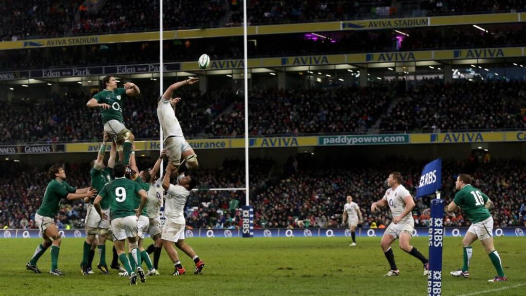 Action from last season’s Six Nations match between Ireland and England. A meeting of the Six Nations board on January 21st is set to decide on the adoption of the IRB concussion protocols.   Photograph: Getty Images