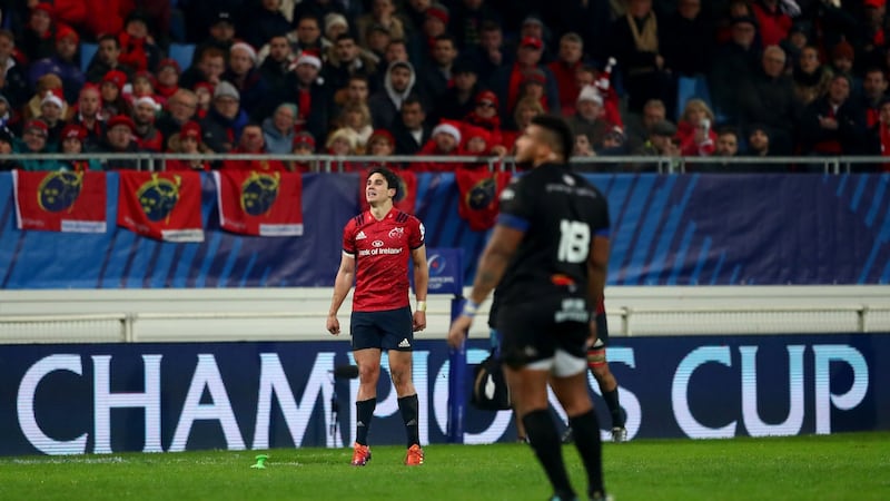 Joey Carbery watches a penalty kick go wide during Munster’s narrow defeat to Castres in France. Photograph: James Crombie/Inpho