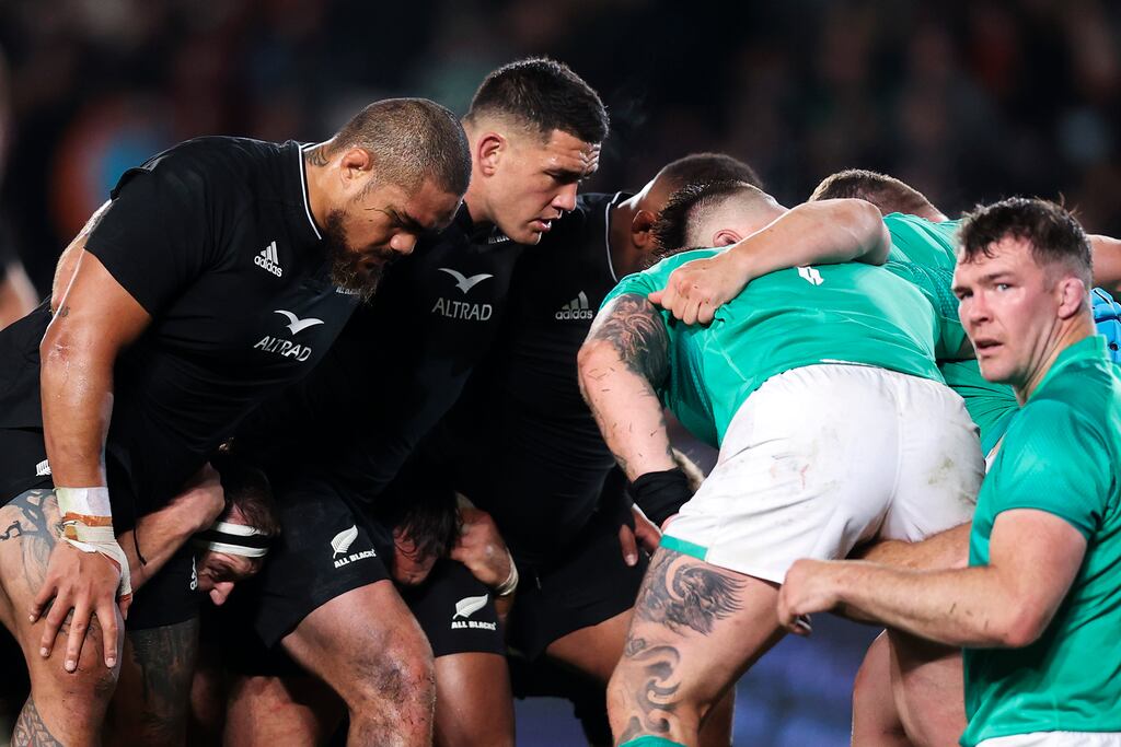 A scrum packs down during the match between the New Zealand All Blacks and Ireland at Eden Park. Photograph: Phil Walter/Getty