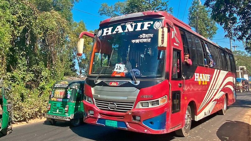 Rohingya refugees are being transported in a bus to Chittagong district from a refugee camp for the first mass relocation of refugees to an island. Photograph: Munir Uz Zaman/AFP