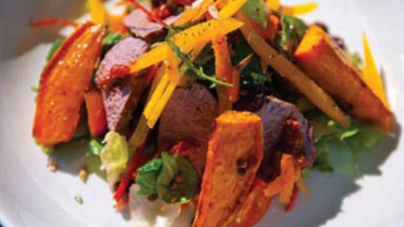 Roast spiced sweet potato and lamb salad with a lemon and mixed seed dressing