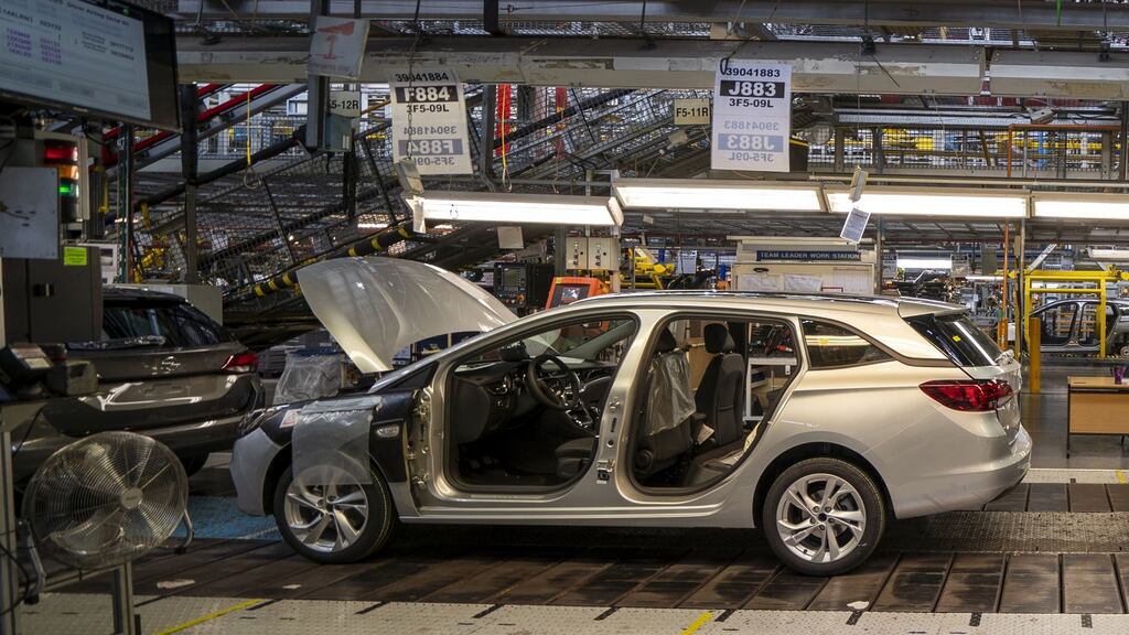 The Astra assembly line at Vauxhall’s plant in Ellesmere Port, Cheshire. Britain’s manufacturers grew at their slowest pace in 13 months in the weeks after the war in Ukraine upset supply chains and drove up costs. Photograph: Peter Byrne/PA Wire