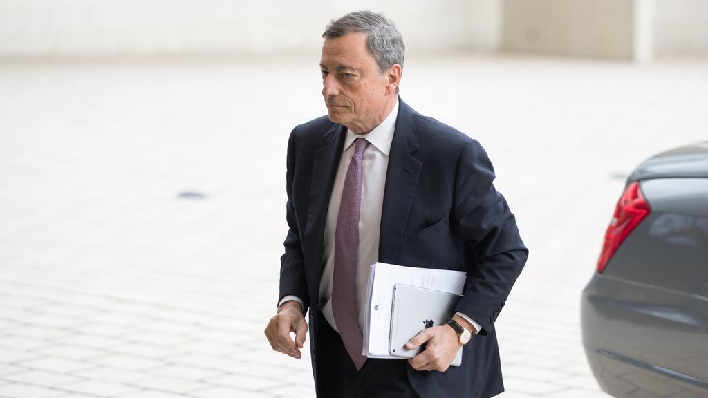 Mario Draghi, president of the European Central Bank (ECB), arrives ahead of a Eurogroup meeting of European finance ministers in Luxembourg . Photographer: Jasper Juinen/Bloomberg