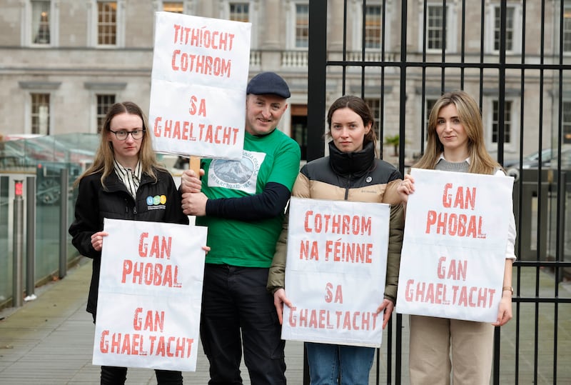 Bláithín Nic a t-Sithigh, vice-president for Irish, Students' Union in Ireland, Dónall Ó Cnáimhsí, Meitheal Náisiúnta Pleanála Teanga, Róisín Ní Chinnéide, Meitheal Náisiúnta Pleanála Teanga and Aoife Ní Chonghaile language planning officer with Irish ABC and chair of BÁNÚ. Photograph: Conor McCabe.