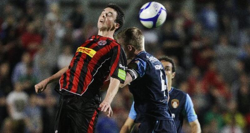Goalscorer Kevin Devaney and Conor Kenna (right) of St. Patrick's Athletic. Photograph: Ryan Byrne/Inpho