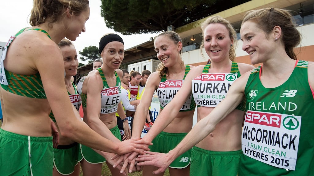 The Ireland Women’s Senior team celebrate winning bronze medals at the European Cross Country Championships in Hyeres, France on Sunday. Photograph: Sasa Pahic Szabo/INPHO