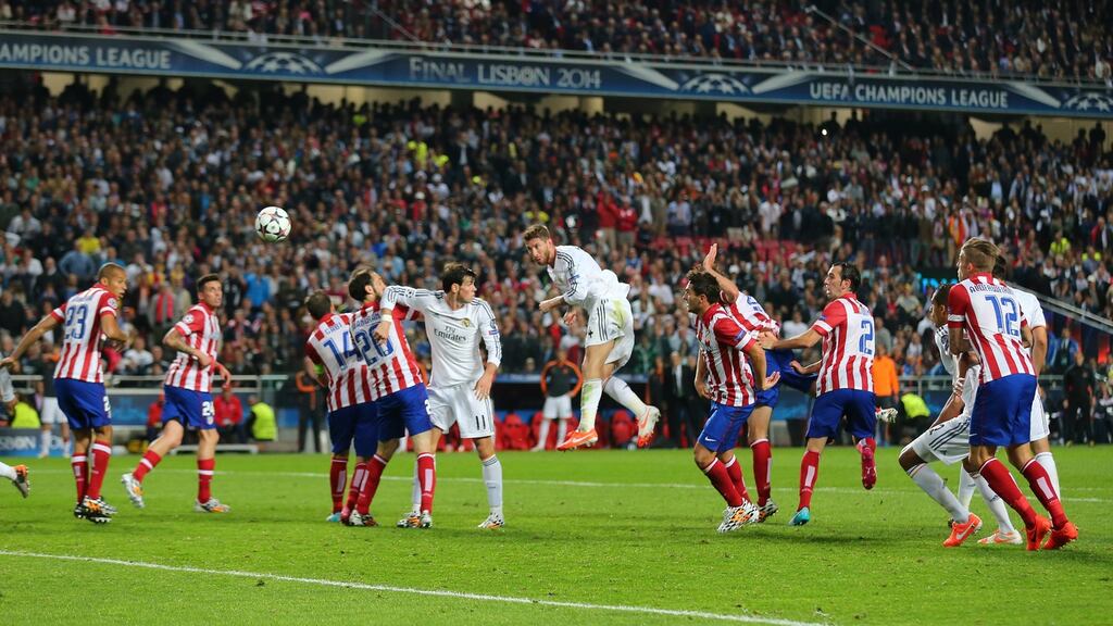 Toby Alderweireld (far right) can only watch as Sergio Ramos of Real Madrid scores a late equaliser against Atlético in the 2014 Champions League final. Photograph: AMA/Corbis via Getty Images