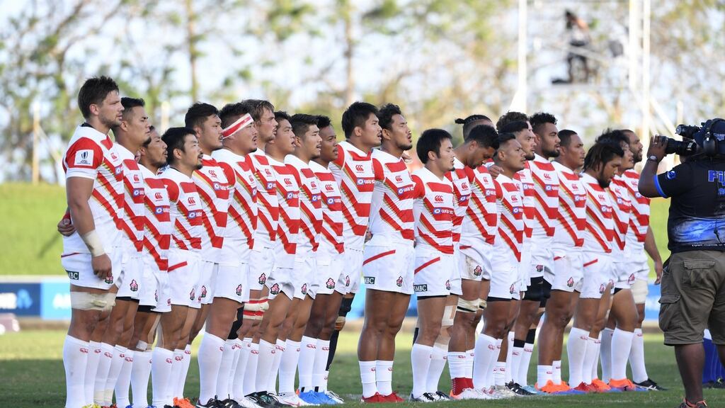 Japan players line up for the national anthem before a Pacific Nations Cup match against the United States on Aug. 10, 2019, in Suva, Fiji. Japan have the best schedule of the tier two nations. Photograph: Kyodo News via Getty Images