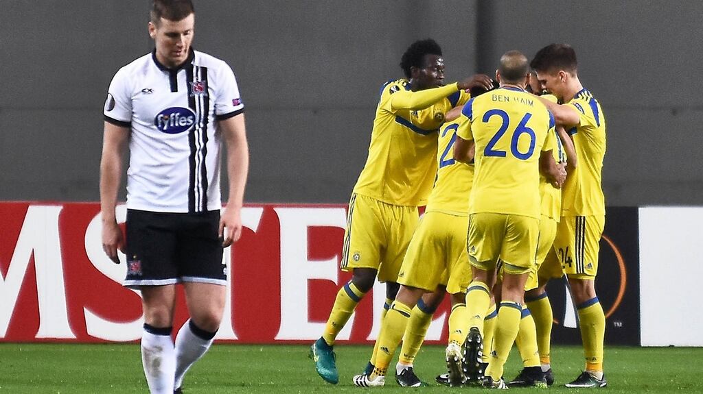 Dundalk’s Patrick McEleneny dejected after Dor Miha scored Maccabi Tel Aviv’s second goal during their Europa League clash. Photo: Dov Halickman/Inpho