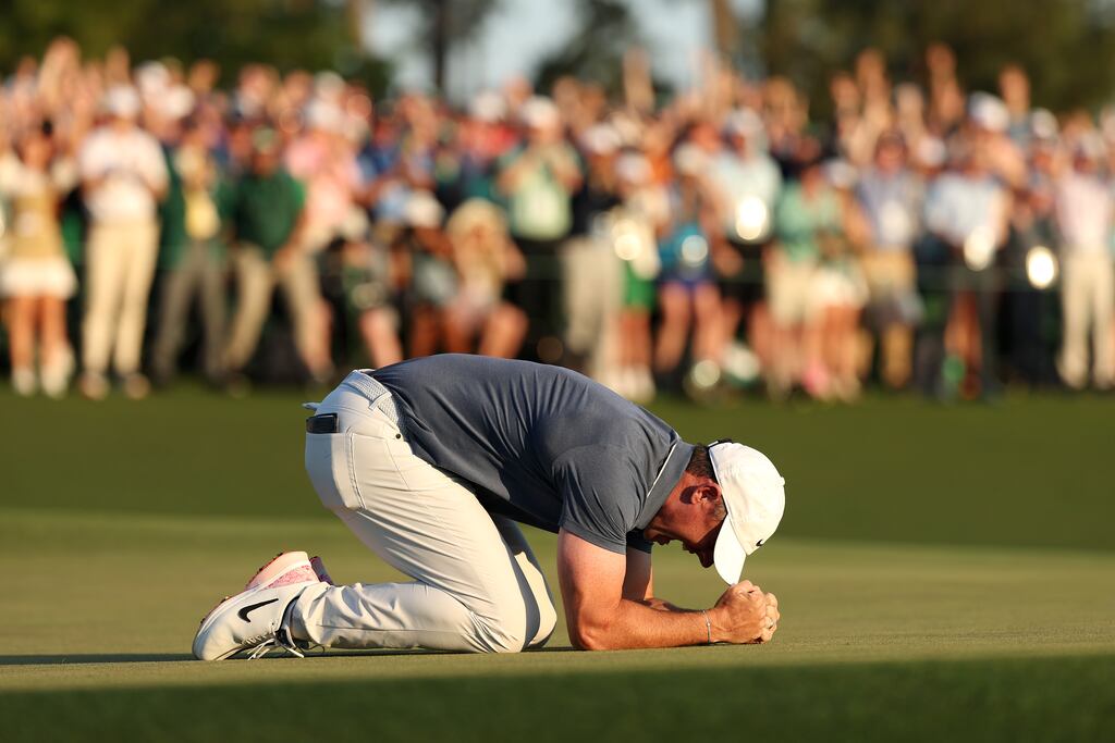 Rory McIlroy celebrates winning the 2025 Masters Tournament after the playoff hole on the 18th green during the final round at Augusta National Golf Club. Photograph: Richard Heathcote/Getty Images