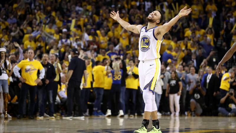 Golden State Warriors’s Stephen Curry reacts after Klay Thompson makes a clinching basket against the Houston Rockets in Game Five of the Western Conference Semifinals of the 2019 NBA Playoffs at Oracle Arena last month in California. Photograph: Ezra Shaw/Getty Images