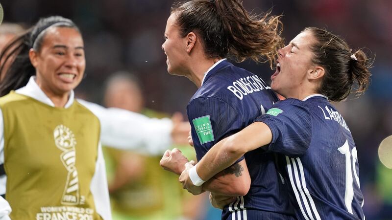 Argentina’s forward Florencia Bonsegundo (C) celebrates after scoring her side’s equaliser against Scotland. Photograph: Lionel Bonaventure/AFP/Getty