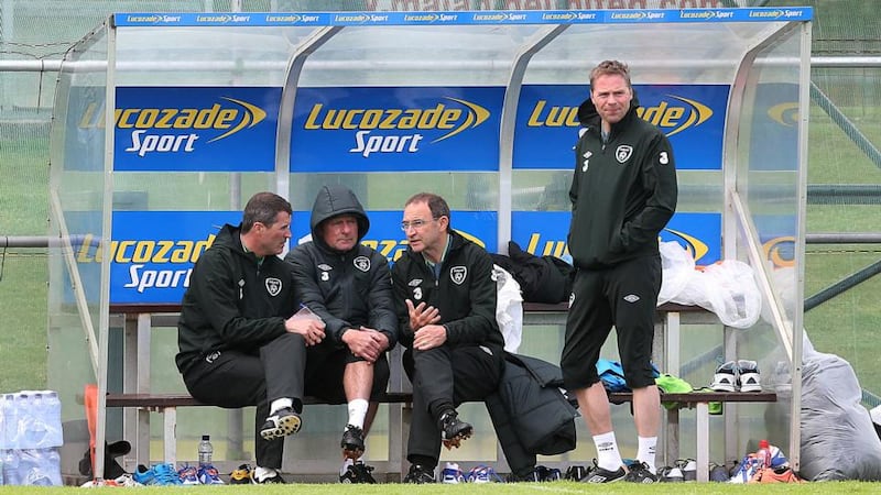 Republic of Ireland assistant manager Roy Keane, coach Steve Walford, manager Martin O’Neill and coach Steve Guppy at Gannon Park, Malahide. Photograph: Donall Farmer / Inpho