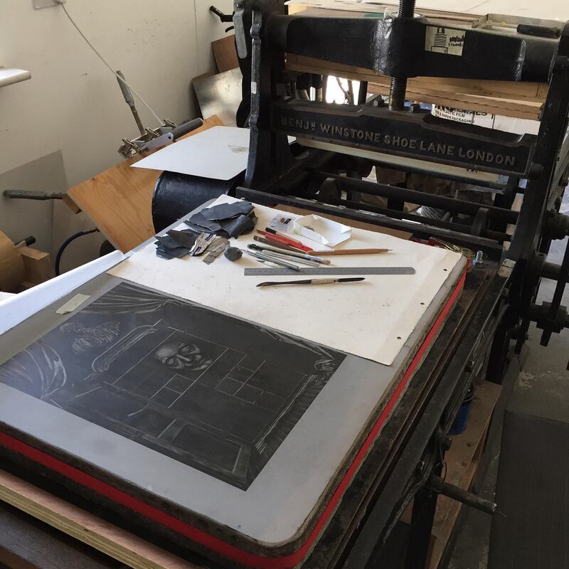 David O’Kane’s process involves painstakingly etching his chosen images into stone before printing