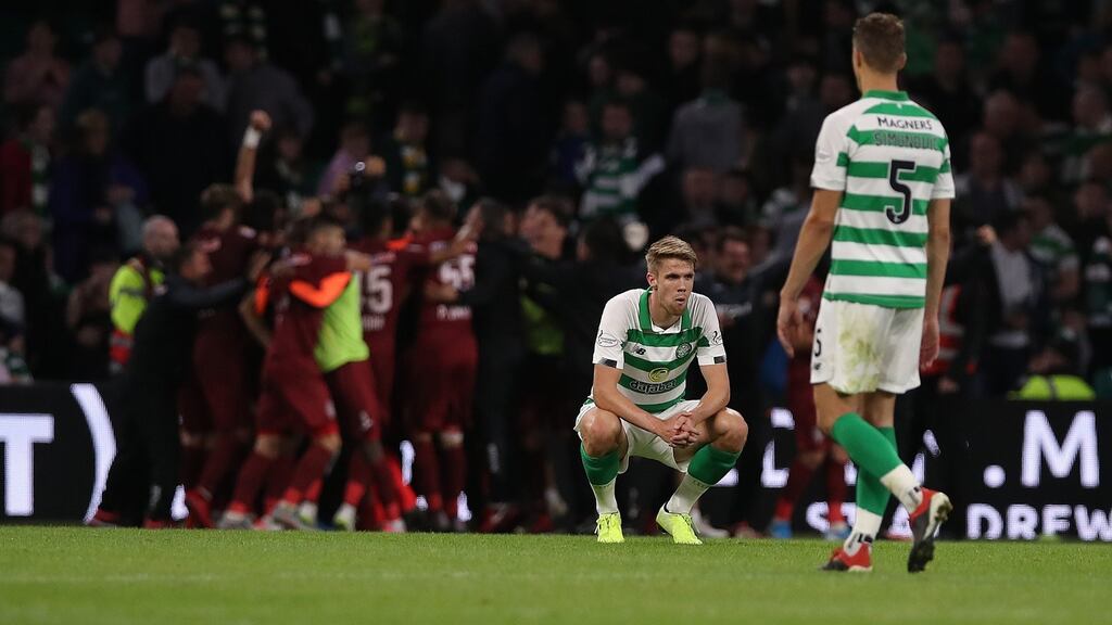 Kristoffer Ajer of Celtic reacts at full time during the Uefa Champions League third qualifying round second leg loss to Cluj. Photo: Ian MacNicol/Getty Images