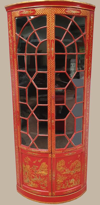 Rare Georgian red chinoiserie cabinet with curved glazed doors over cabinet doors