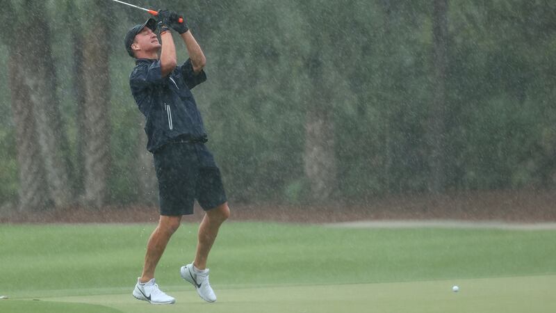 Former NFL quarterback Peyton Manning reacts to a missed putt on the 13th green during The Match: Champions For Charity at Medalist Golf Club in Hobe Sound, Florida on Sunday. Photograph: Mike Ehrmann/Getty Images