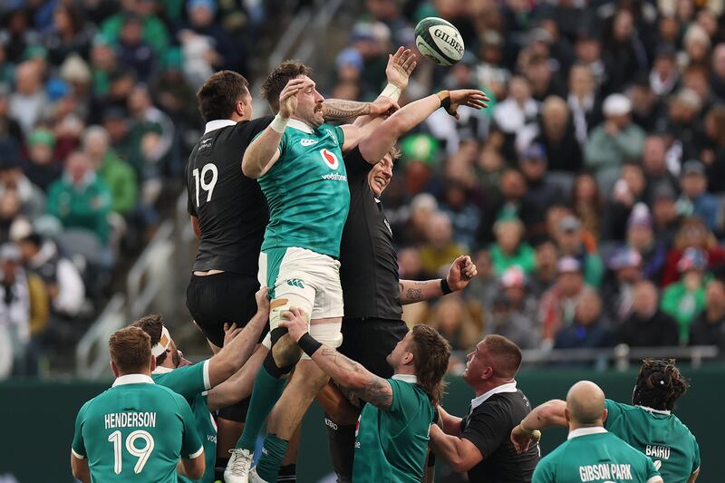 All Blacks pair Josh Lord and Beauden Barrett battle for a lineout with Jack Conan of Ireland during Saturday's Test at Solider Field, Chicago. Photograph: Michael Reaves/Getty Images