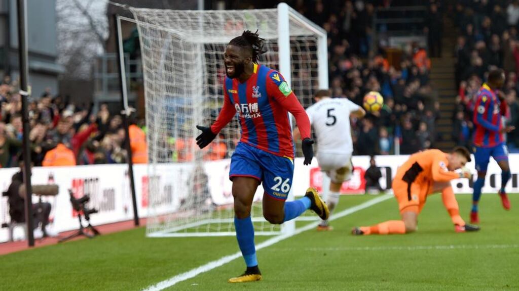 Crystal Palace’s Bakary Sako celebrates scoring his side’s early winner against Burnley. Photograph: Daniel Hambury/PA