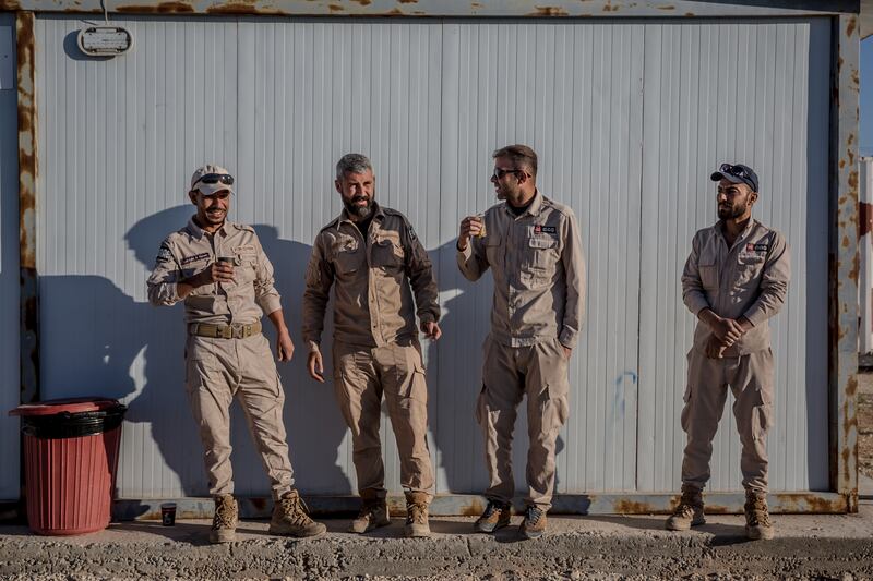 Deminers with the Mines Advisory Group (MAG) at a base in northern Syria. Photograph: Sally Hayden