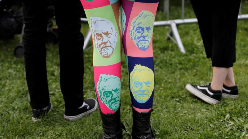 A campaign with legs: Jeremy Corbyn leggings at the Labour leader’s Birmingham rally. Photograph: Darren Staples/Reuters