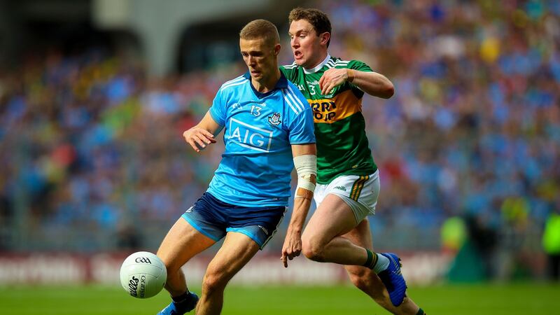 Tadhg Morley shadows Paul Mannion during Kerry’s draw with Dublin. Photograph: Tommy Dickson/Inpho