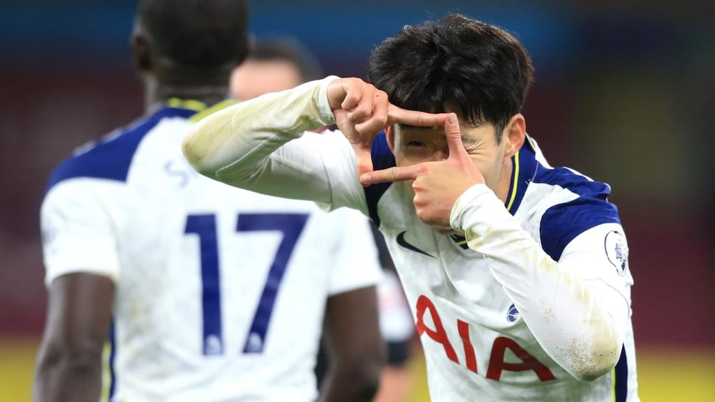 Son Heung-Min of Tottenham Hotspur celebrates after scoring his team’s first goal during the Premier League match against Burnley at Turf Moor. Photograph: Lindsey Parnaby/Getty Images