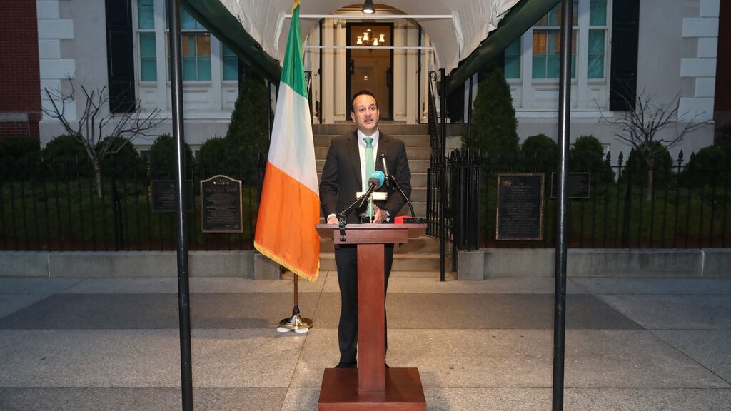 Taoiseach Leo Varadkar at Blair House, Washington DC, during a press conference where he announced that all schools, colleges and childcare facilities in Ireland will close until March 29 as a result of the Covid-19 outbreak. PA Photo. Picture date: Thursday March 12, 2020. Niall Carson/PA Wire