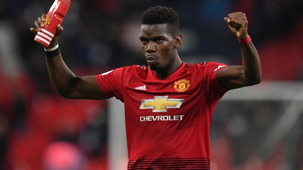Paul Pogba celebrates Manchester United’s win over Spurs at Wembley. “I am enjoying my football now. I like to be more attacking. I had to defend too much before and that is not my best attribute.” Photograph: Facundo Arrizabalaga/EPA