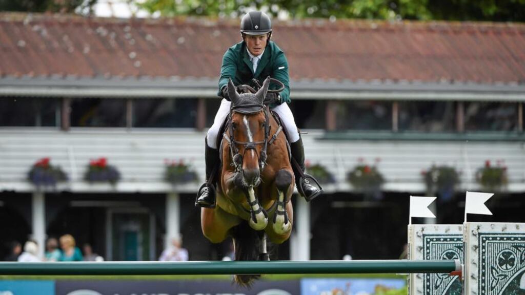 Mayo showjumper Cameron Hanley competing on Living the Dream at yesterday’s Irish Sports Council Classic. Photograph: Barry Cregg