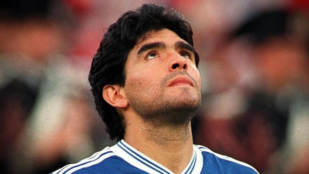 Diego Maradona during the national anthems at Italia ’90 before Argentina played West Germany. Photograph: Inpho/Billy Stickland