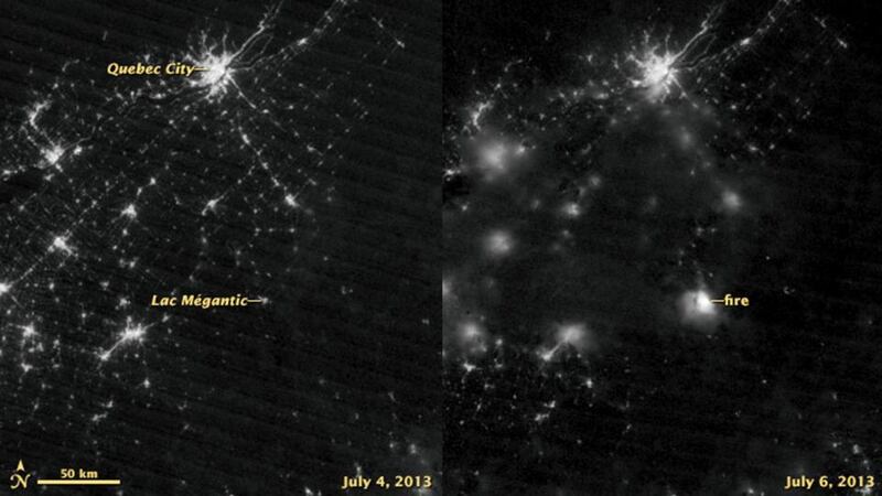 A combination of satellite photos shows the fire. The fire was visible in an image on the right that was acquired at 06.59am on July 6th by the instrument’s “day-night band,” which detects light in a range of wavelengths from green to near-infrared and uses filtering techniques to observe signals such as city lights, auroras, fires, and reflected moonlight. The image on the left, shown for comparison was acquired by the same instrument on July 4th before the derailment. Light sources are not as crisp in the July 6th image because of cloud cover. Photograph: Handout/Nasa/Reuters